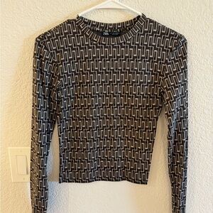 Zara Brown and White Fitted Ribbed Blouse